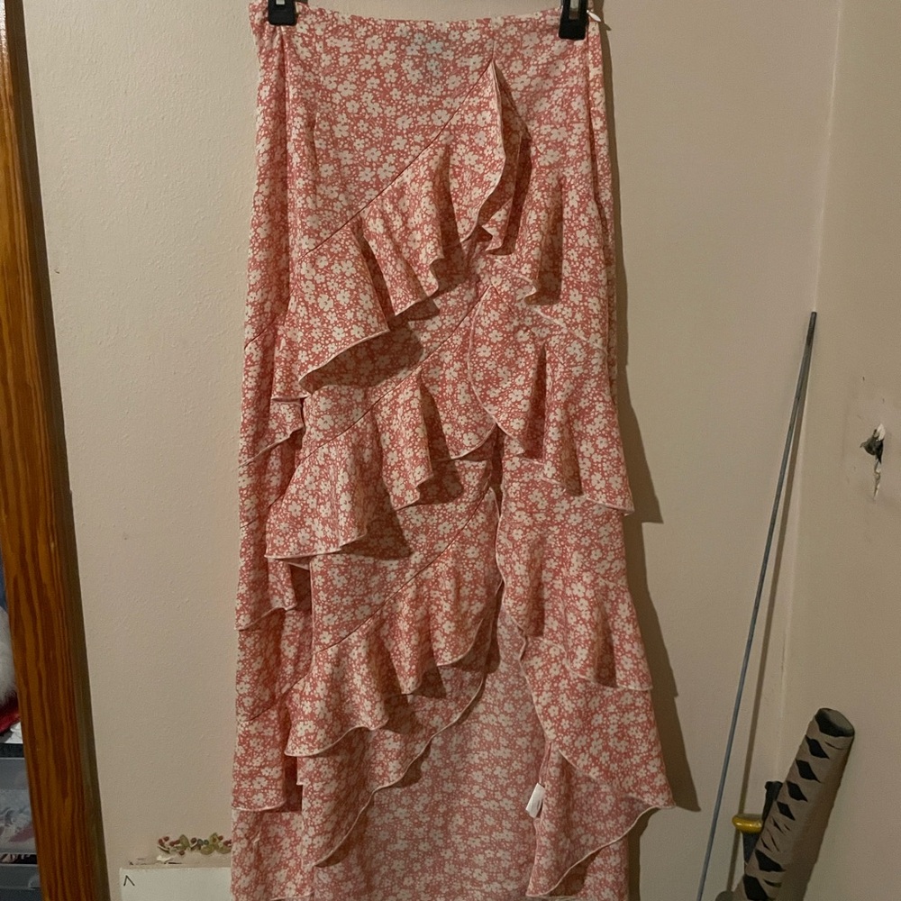 Etro Asymmetrical Floral Ruffle Skirt in Pink and White